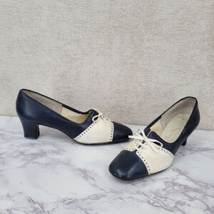 Red Cross Shoes Vintage 60s Navy Blue and White Leather Women's Heels Pumps